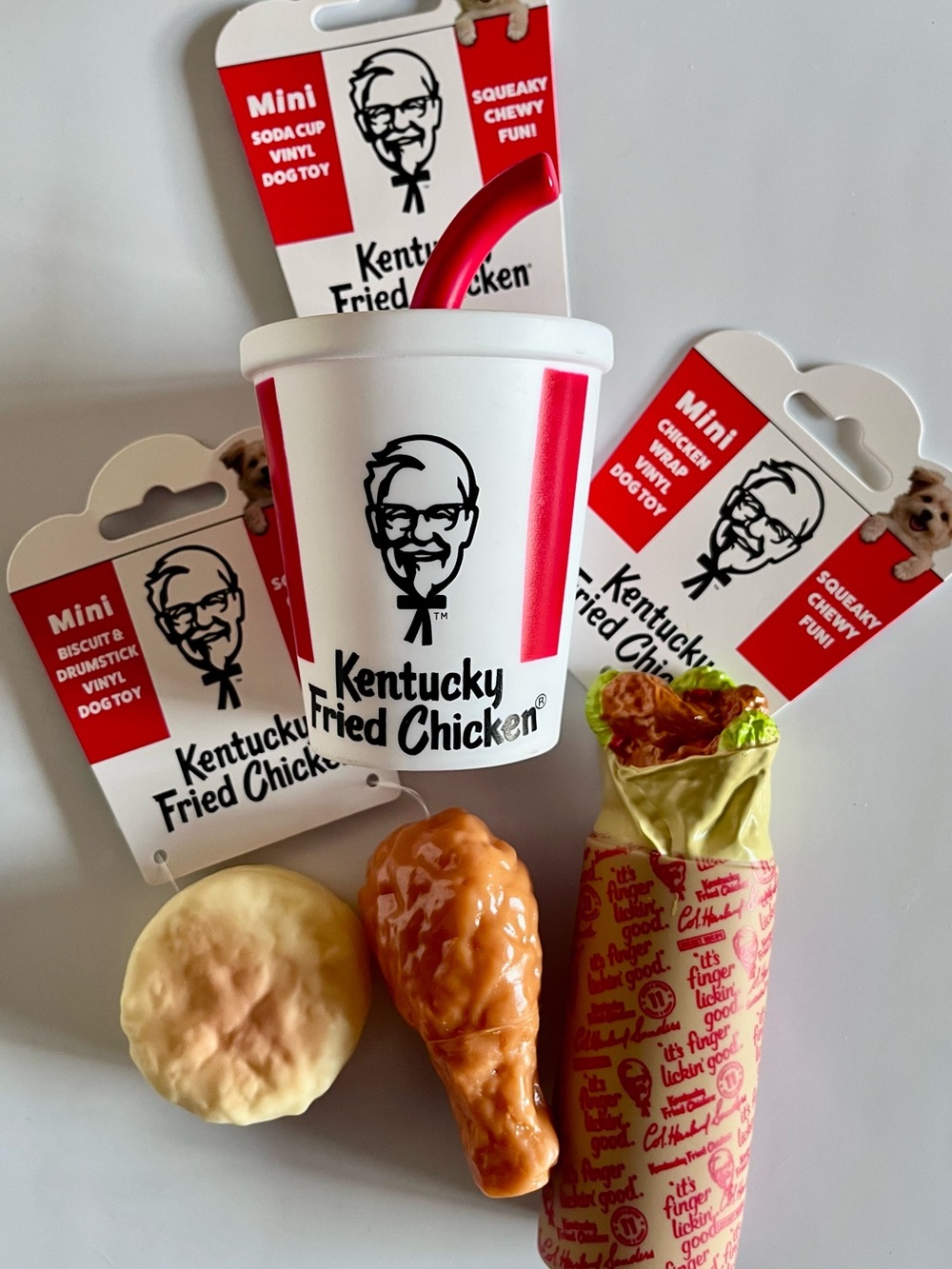 Kentucky Fried Chicken Dog Toy Bundle - 4 Toys - Biscuit, Chicken, Wrap, Drink